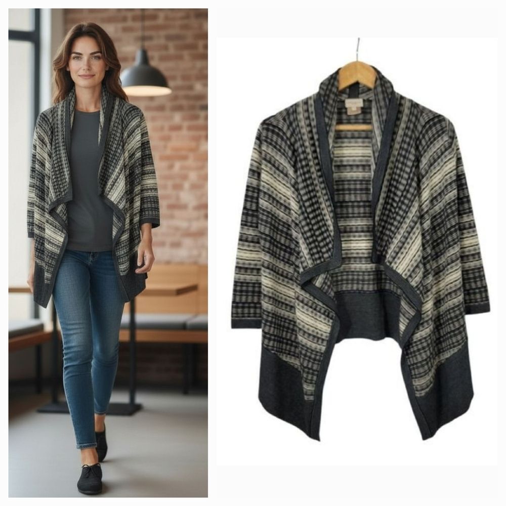 Karen Millen Drape Front Striped Open Front Wool Blend Sweater Cardigan Size 3/M